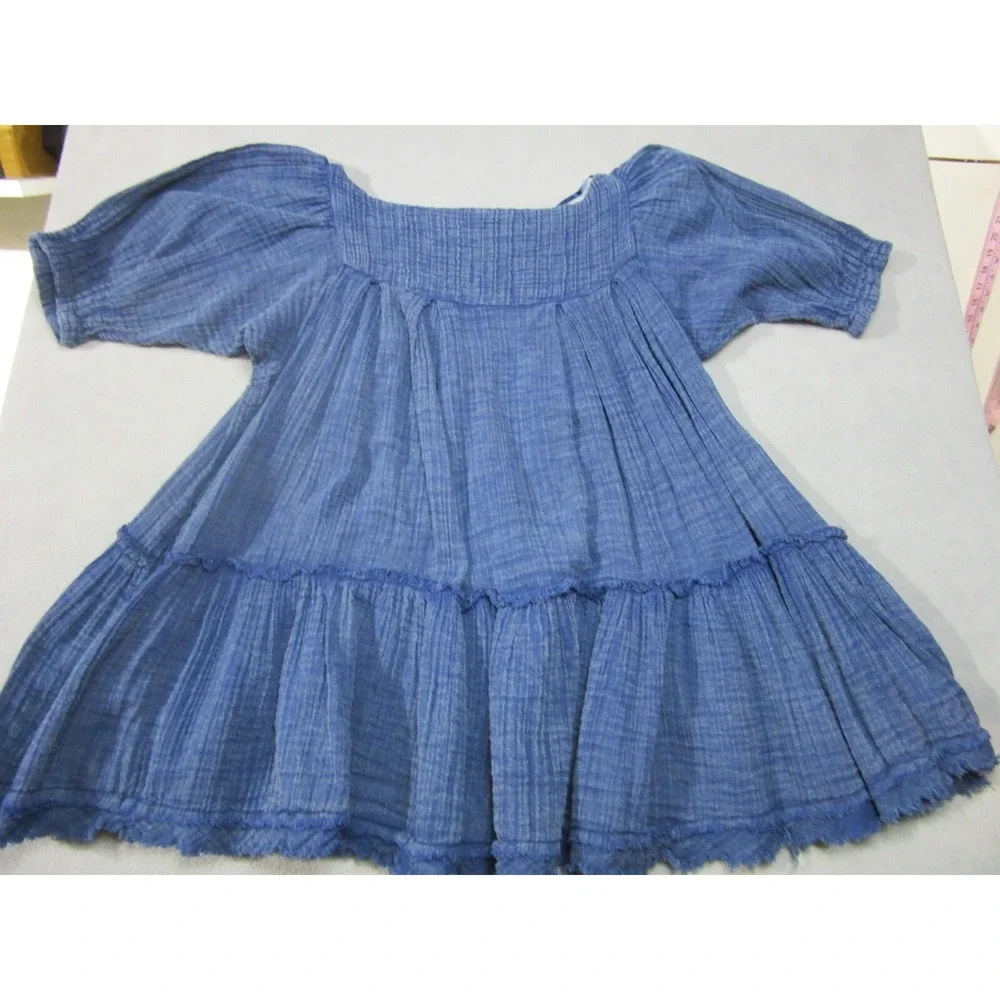 Free People Dress Womens XS Blue Peasant Mini Square Neck Puff Sleeve Frayed Hem